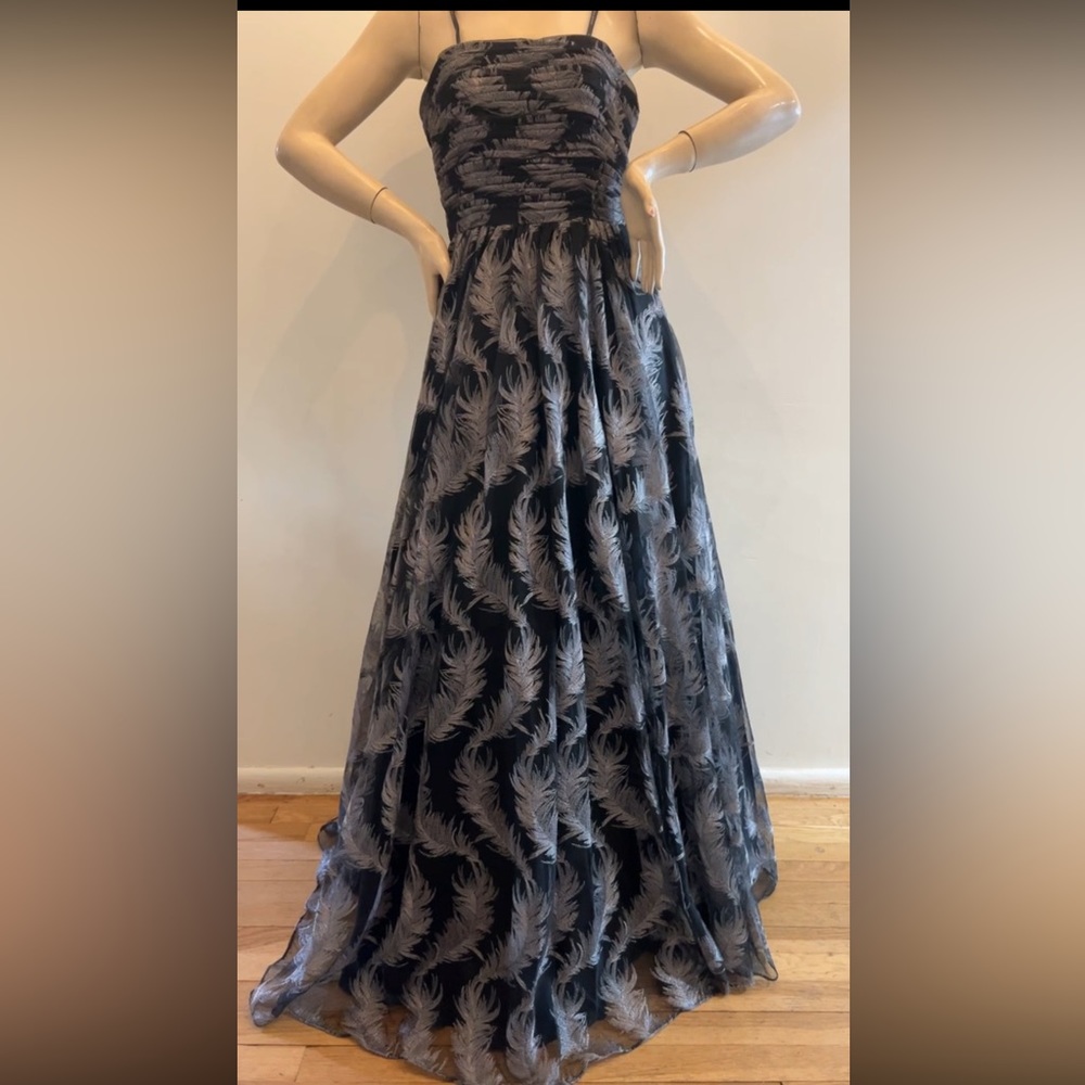 David Meister strapless feather embellished fit and flare mesh long gown - Picture 5 of 17